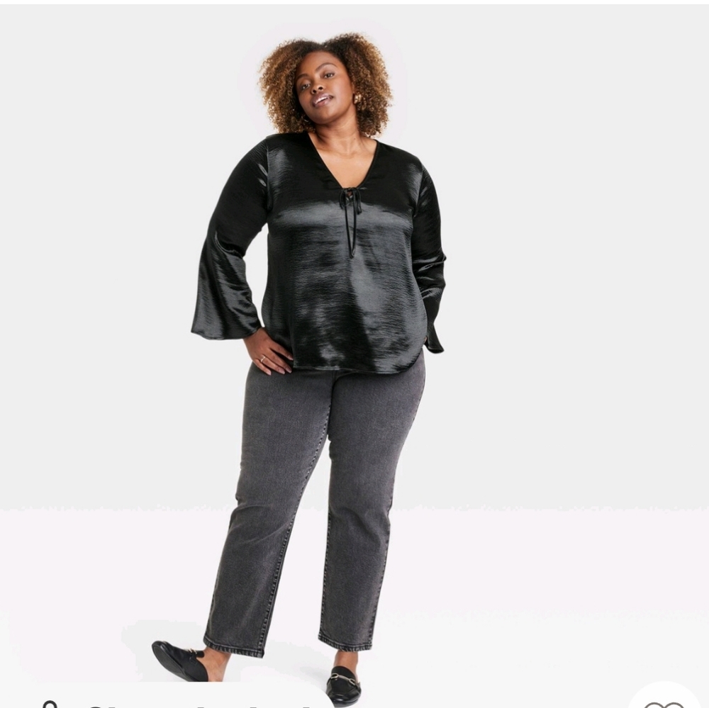 Ava & Viv Flared Long Leeve Satin Blouse Black Size 1X NWOT Target